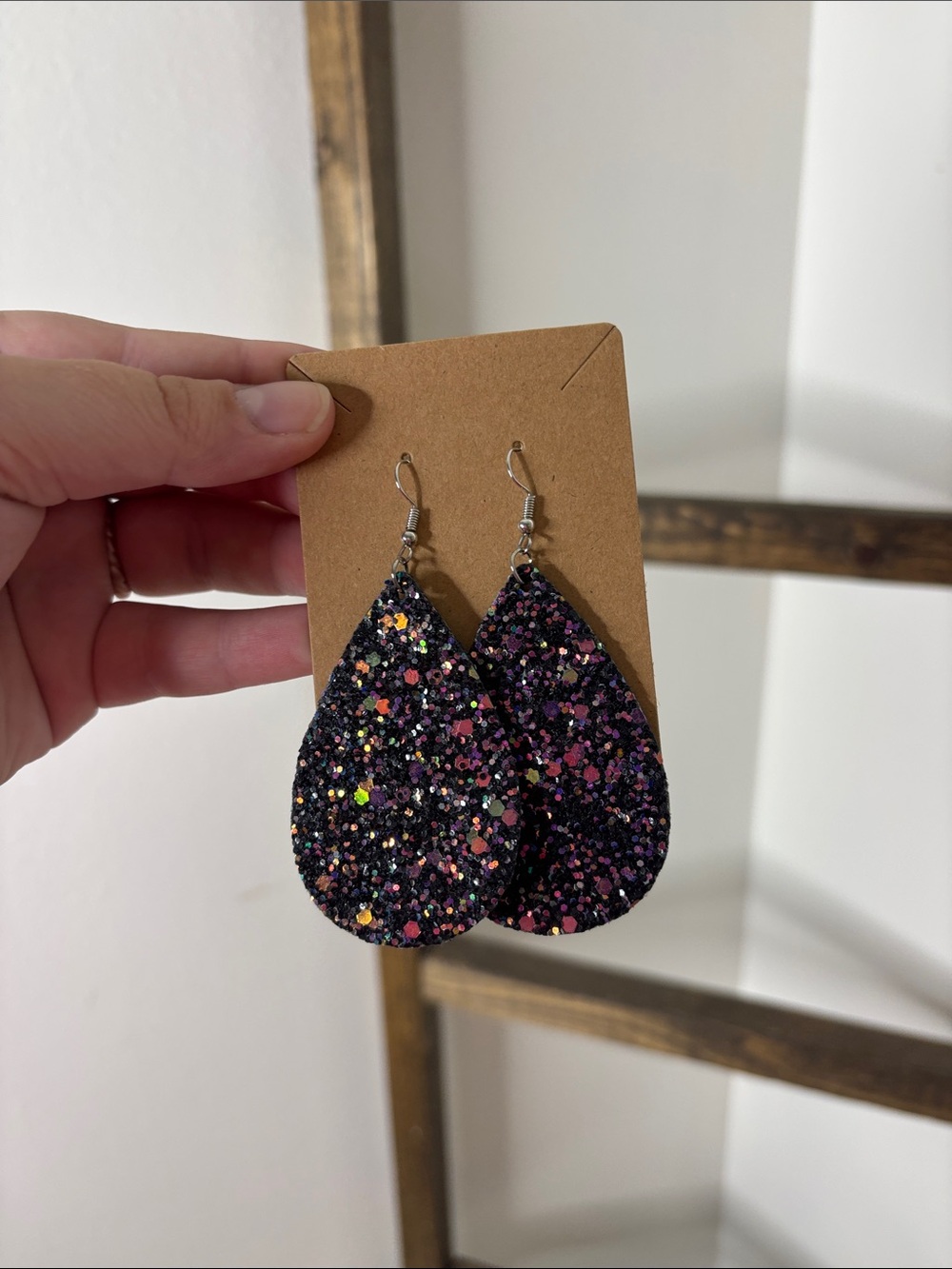 Black Glitter Teardrop Earrings with Multicolor Sparkle